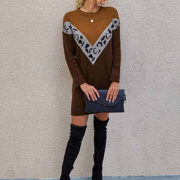 Black Grey Oversized Chevron Leopard print Sweater Dress - Picture 9 of 11